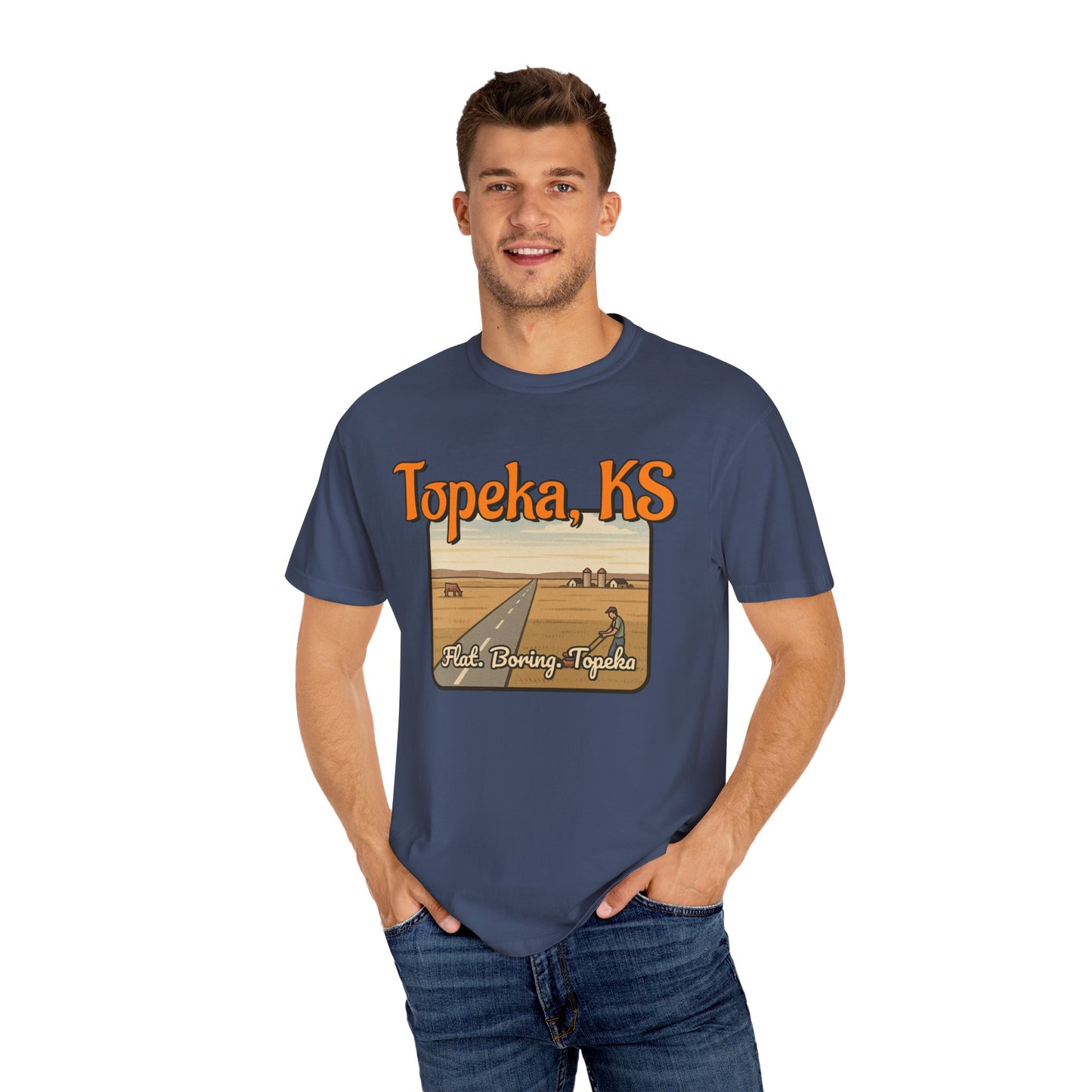 Topeka, KS – “Flat. Boring. Topeka.” unisex T-Shirt, Vintage Graphic Tee, Casual Summer Shirt, Travel Souvenir Gift, Kansas Pride Apparel