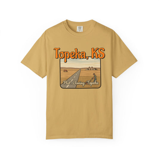 Topeka, KS – “Flat. Boring. Topeka.” unisex T-Shirt, Vintage Graphic Tee, Casual Summer Shirt, Travel Souvenir Gift, Kansas Pride Apparel