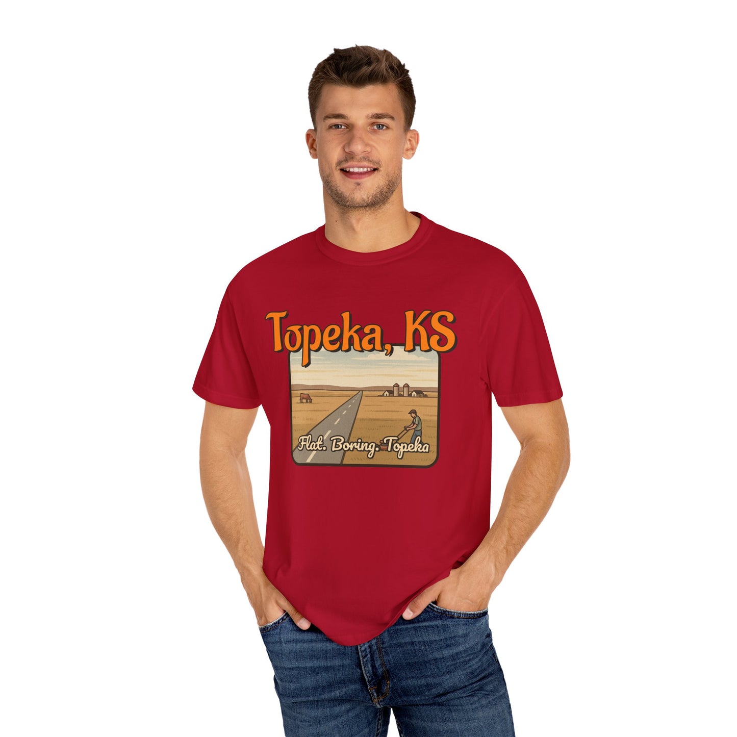 Topeka, KS – “Flat. Boring. Topeka.” unisex T-Shirt, Vintage Graphic Tee, Casual Summer Shirt, Travel Souvenir Gift, Kansas Pride Apparel