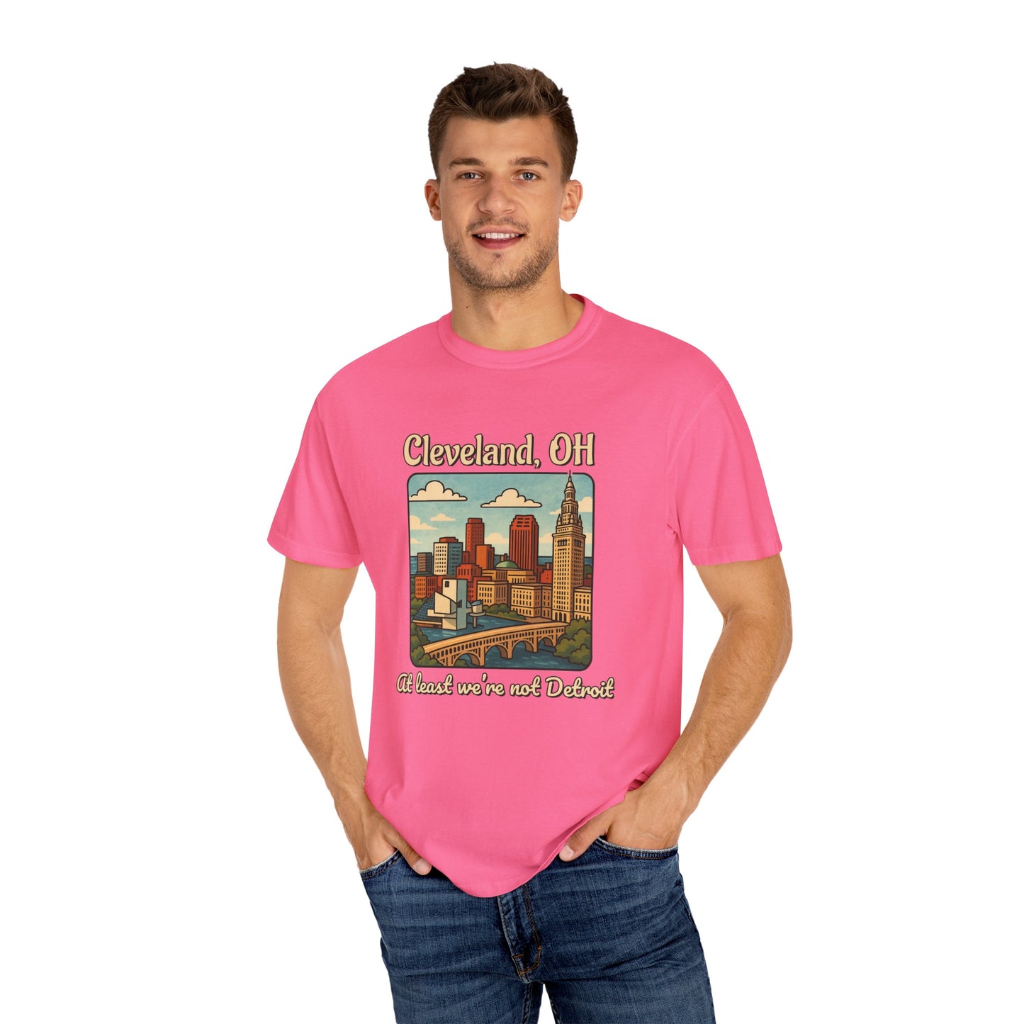 Cleveland, OH – “At least we’re not Detroit.” T-Shirt, Vintage City Tee, Unisex Garment-Dyed Top, Ohio Gift, Travel Souvenir, Urban Apparel, Nostalgic Fashion