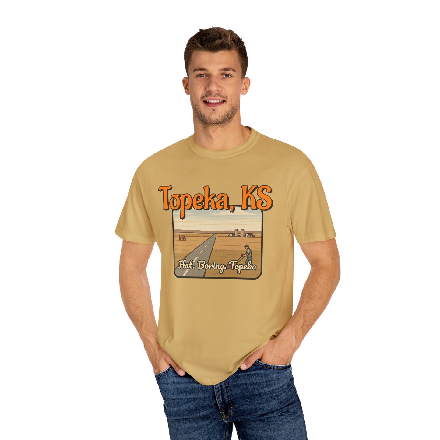 Topeka, KS – “Flat. Boring. Topeka.” unisex T-Shirt, Vintage Graphic Tee, Casual Summer Shirt, Travel Souvenir Gift, Kansas Pride Apparel