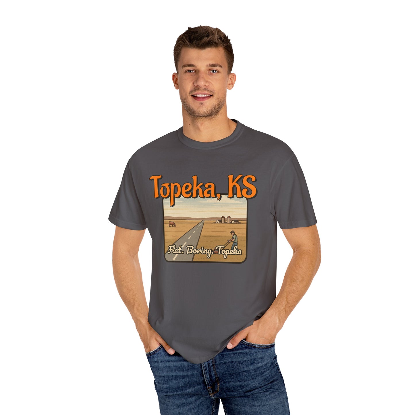 Topeka, KS – “Flat. Boring. Topeka.” unisex T-Shirt, Vintage Graphic Tee, Casual Summer Shirt, Travel Souvenir Gift, Kansas Pride Apparel