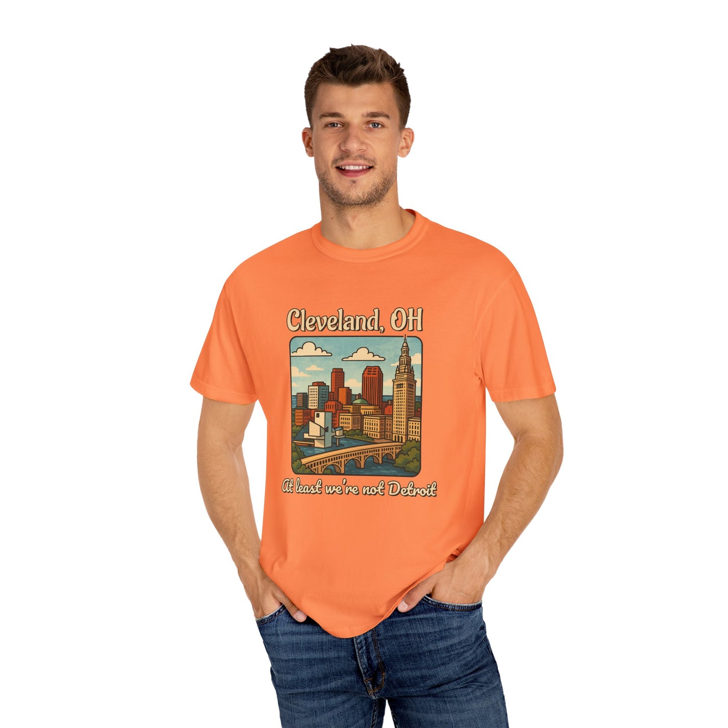 Cleveland, OH – “At least we’re not Detroit.” T-Shirt, Vintage City Tee, Unisex Garment-Dyed Top, Ohio Gift, Travel Souvenir, Urban Apparel, Nostalgic Fashion
