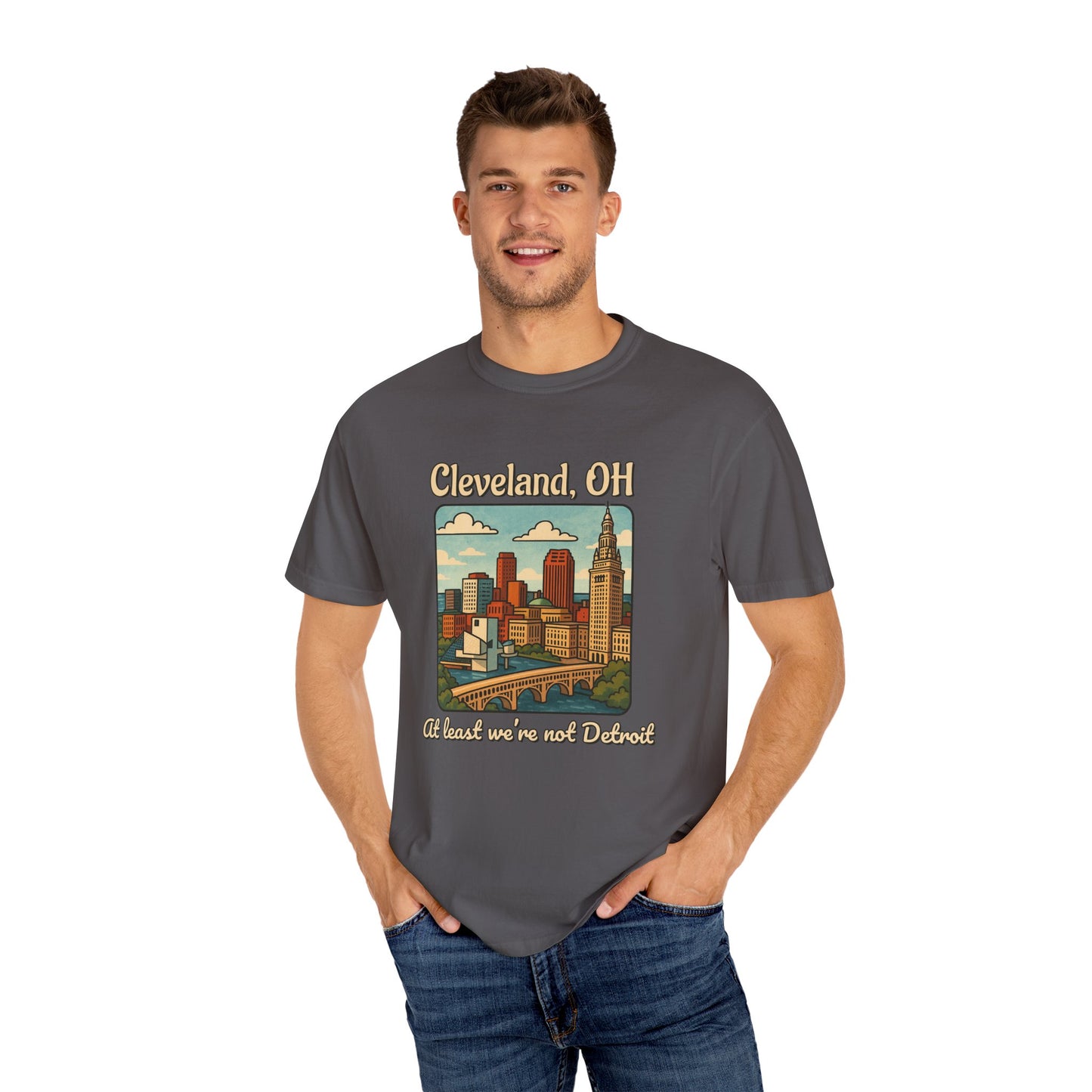 Cleveland, OH – “At least we’re not Detroit.” T-Shirt, Vintage City Tee, Unisex Garment-Dyed Top, Ohio Gift, Travel Souvenir, Urban Apparel, Nostalgic Fashion
