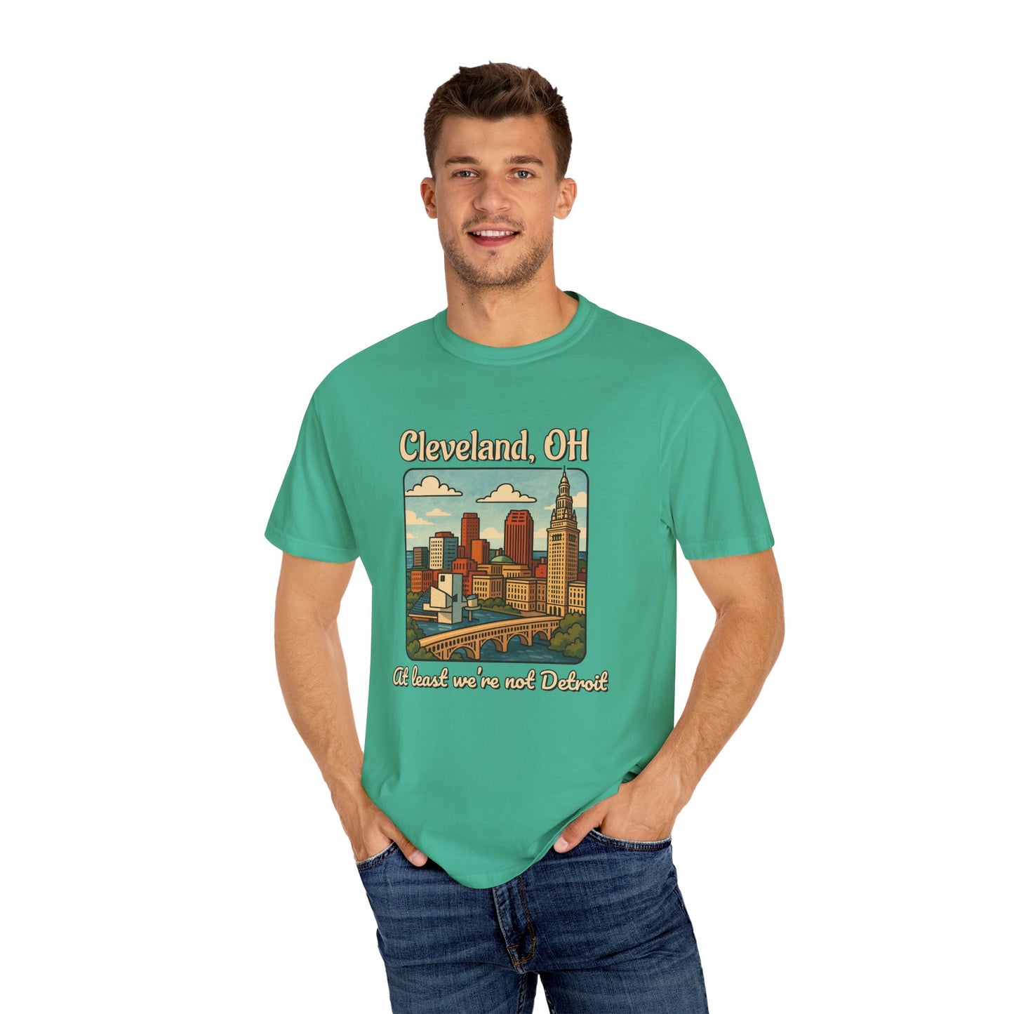 Cleveland, OH – “At least we’re not Detroit.” T-Shirt, Vintage City Tee, Unisex Garment-Dyed Top, Ohio Gift, Travel Souvenir, Urban Apparel, Nostalgic Fashion