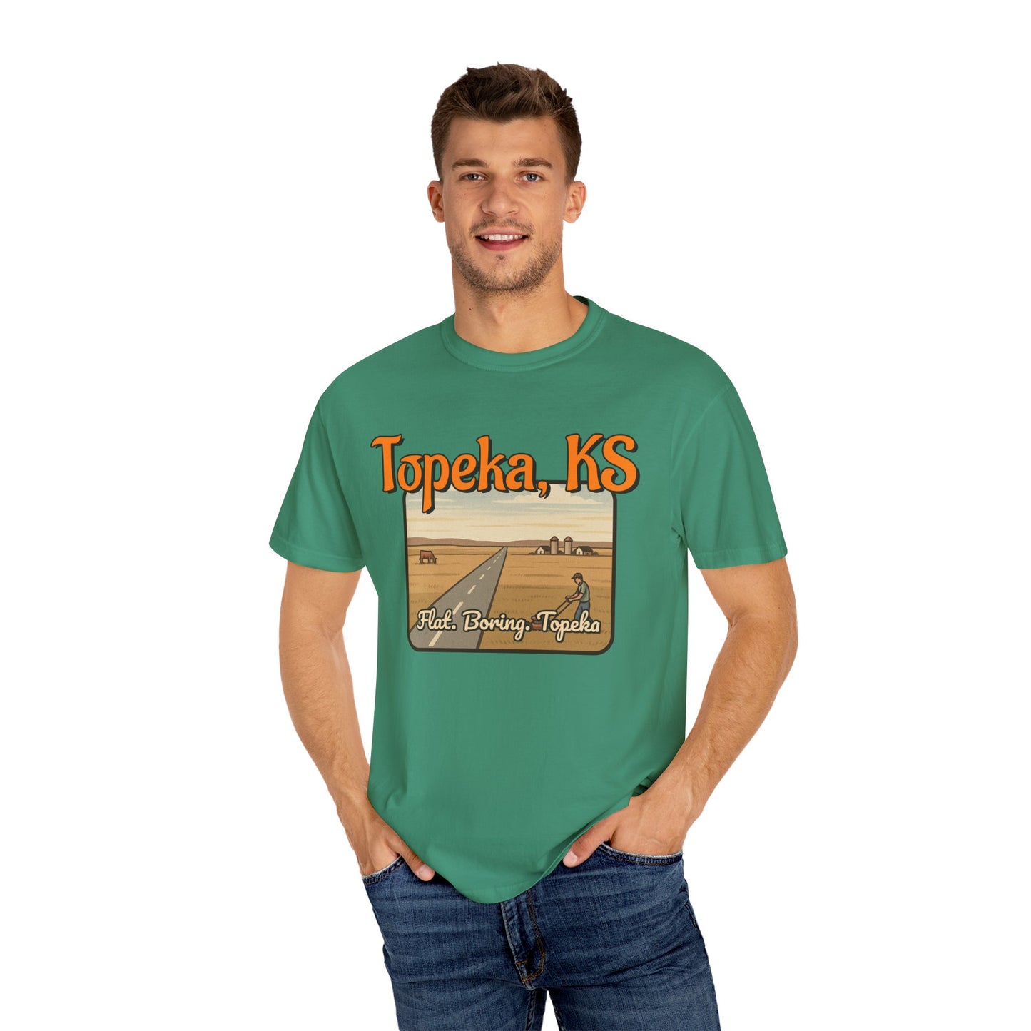 Topeka, KS – “Flat. Boring. Topeka.” unisex T-Shirt, Vintage Graphic Tee, Casual Summer Shirt, Travel Souvenir Gift, Kansas Pride Apparel
